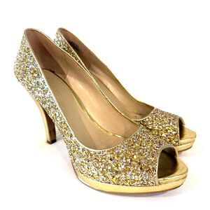 Nine West Womens 7.5 Gold Glitter Peep Toe Platform Heels Evening Party Glam